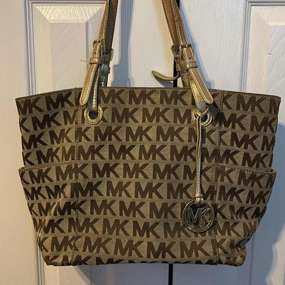 Authentic Michael Kors Monogram Beige Canvas Tote